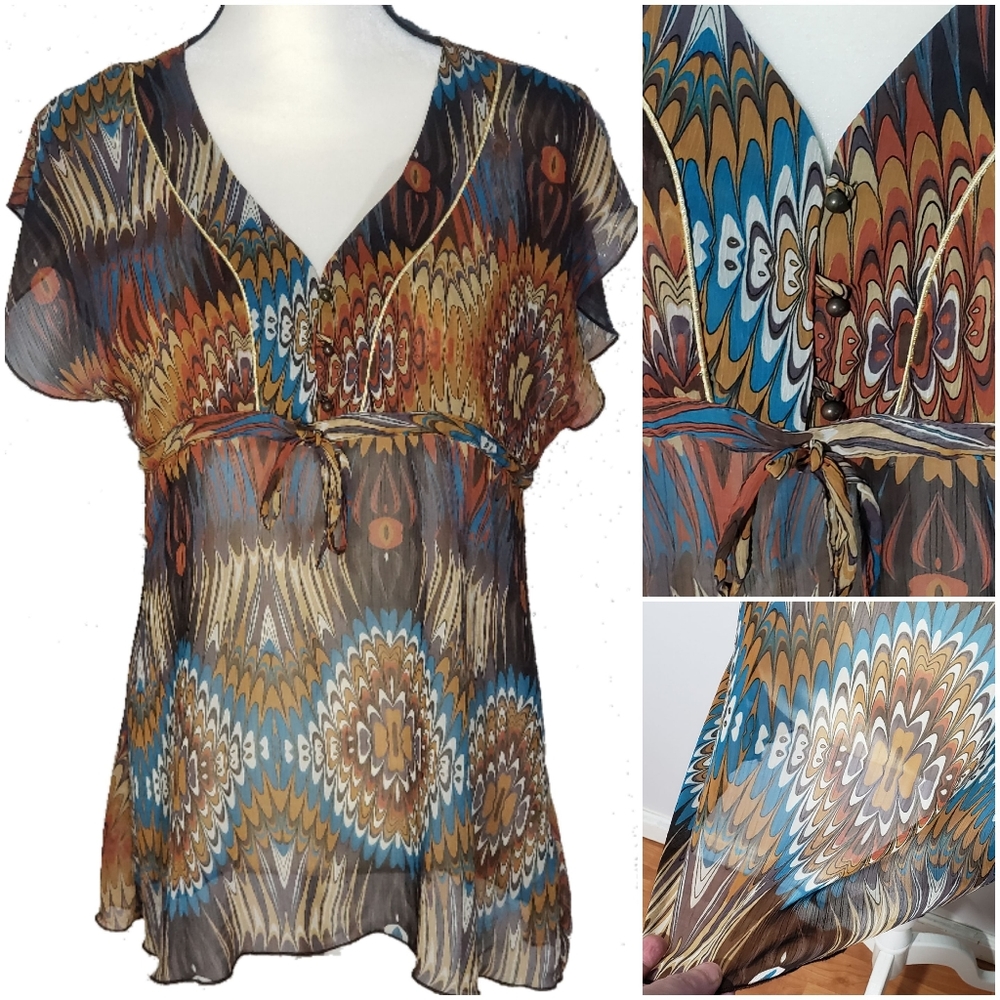 H&M Blouse Green Orange Abstract Flutter Sleeve